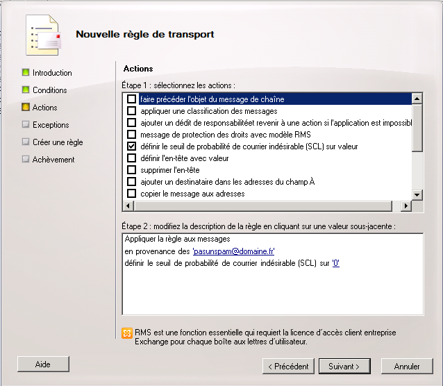 Whitelist dans Exchange 2010 domaine ou email en liste blanche